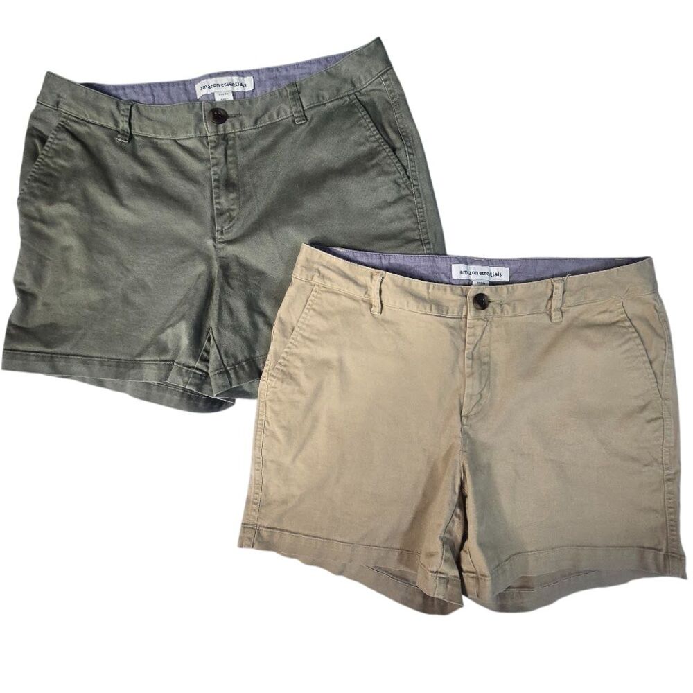 Amazon Essentials Chino Shorts Women 8 Green Khaki 2-Pack Casual Utility Core‎